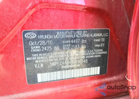 2011 Hyundai Sonata Se z USA, uszkodzony, nr VIN 5NPEC4AB4BH193148